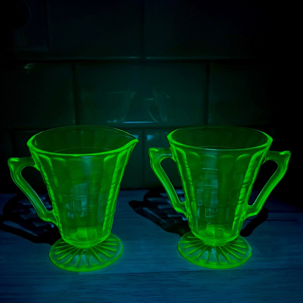 1930’s Green Depression Cream & Sugar Block Optic Set Uranium Glass